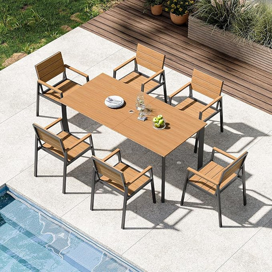 Patio Outdoor Dining Set for 6, Aluminum 7 Piece HDPS Outdoor Table and Chairs Set with Umbrella Hole, Modren Rectangular Patio Furniture Set with All-weather Table and 6 Chairs (Gray & Teak)