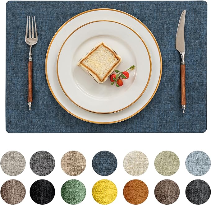 Romanstile Vinyl Placemats Set of 4-12 X 17 Inch - Heat Resistant Place Mats 100% Waterproof Oilproof Wipeable Reversible Faux Leather Table Mats for Kitchen, Dining, Party, Outdoor, Navy Blue