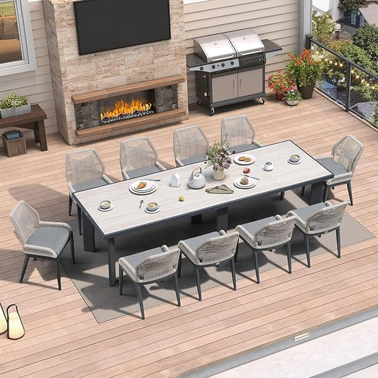 PURPLE LEAF 11 Pieces Patio Dining Set Aluminum Rectangular Table and Wicker Chairs with Cushions for Kitchen Porch Garden Modern Outdoor Furniture Sets, Beige and Dark Grey