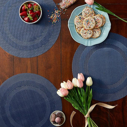 DII PVC Tabletop Collection Woven Indoor/Outdoor, Round Placemat Set, 13.75", Nautical Blue, 6 Piece