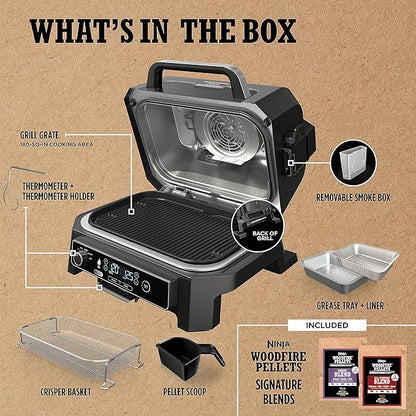 Ninja | Grill & Smoker | Outdoor Woodfire Pro XL | 4 in 1 Grill, BBQ Smoker, Air Fryer & Bake | Portable | Includes Built in Thermometer & 2 Woodfire Pellet Packs | Dark Grey | OG850