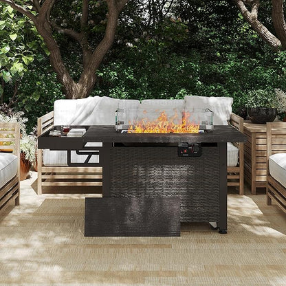 52 Inch Wicker Patio Fire Table, 50,000BTU Propane Fire Pit Table with Glass Wind Guard, Side Basket, Cover and CSA Certified, Outdoor Fire Pit for Garden, Backyard, Balcony, Poolside, Brown