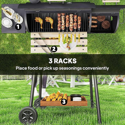 Outsunny 48" Portable Barrel Charcoal BBQ Grill, Steel Outdoor Barbecue Smoker with 232 Square Inches Cooking Space, Storage Shelf, Wheels for Garden Camping Picnic, Black