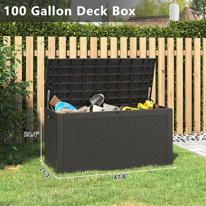 NUNU LAB 102 Gallon Large Waterproof Resin Deck Box, Lockable Outdoor Storage Box with Gas Lift, Patio Cushions, Garden Tools, Pool Supplies, Indoor Outdoor Storage Container, Black