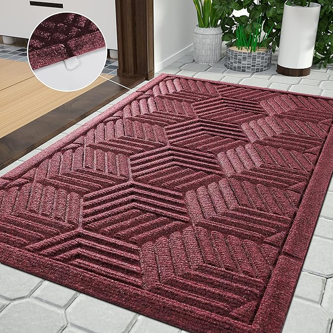 Yimobra Front Door Mat, All-Season Waterproof Outdoor Mat for Entrance with Drainage Holes, Heavy Duty Non-Slip Doormat for Garage Patio Entryway Indoor, 29.5x17, Red