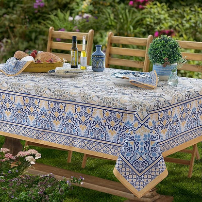 Home Bargains Plus Rectangle Fabric Tablecloth, 52 x 70 Inch, Allure Yellow and Blue Floral Bordered Print, Indoor Outdoor Stain and Water Resistant Table Cloth, Provence French Country