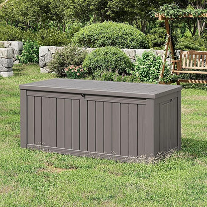 NUNU LAB 150 Gallon Outdoor Storage Box,Resin Large Sturdy Deck Box, Backyard Outside Storage Box Waterproof with Double Wall Panels,Package Delivery Garden Outdoor Hose