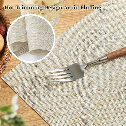 Leetaltree Wheat Placemats Set of 6 - Heat Resistant Non-Slip Place mats for Dining Table, Washable Durable PVC Vinyl Woven Table Mats（Wheat, 6）