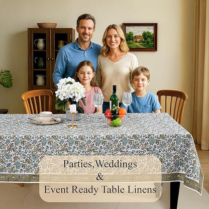 CPC Tablecloth 100% Cotton 60x90 Inch Indian Block Print Rectangle Table Cover, Washable Table Cloth for Weddings, Spring/Summer, Barbeque - Harvest Bloom