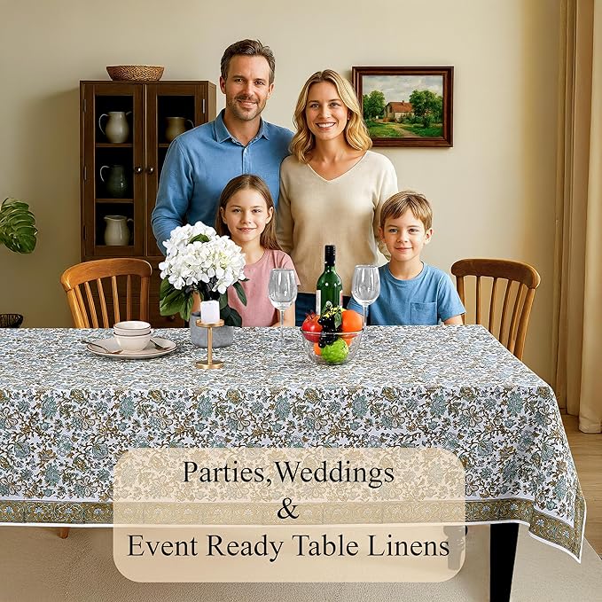 CPC Tablecloth 100% Cotton 60x60 Inch Indian Block Print Square Table Cover, Table Cloth for Weddings, Spring/Summer, Barbeque - Harvest Bloom