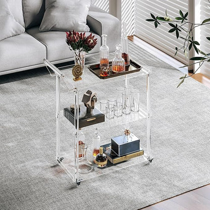 Dethan Acrylic Bar Cart with Lockable Wheels, Rolling Serving Cart with Pulling Handle, 3-Tier Clear for Home Bar, Kitchen, Living Room, Portable Beverage Space-Saving Modern Acrylic Trolley