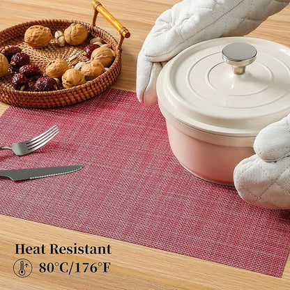 Leetaltree Red Placemats Set of 6 - Heat Resistant Non-Slip Place mats for Dining Table, Washable Durable PVC Vinyl Woven Table Mats