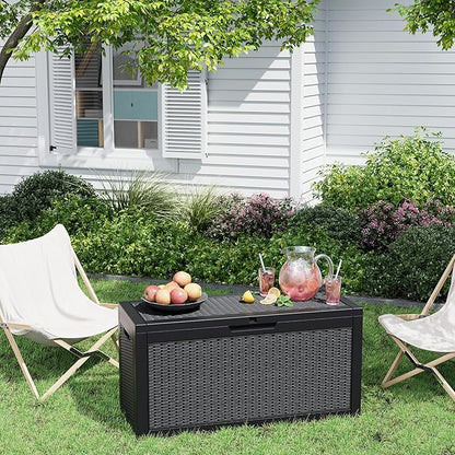 70 Gallon Outdoor Storage Deck Box Waterproof,Large Resin Storage Container for Outside,Patio Accessories for Outsid,Backyard Delivery Boxes,Lockable Lid,Rattan Black