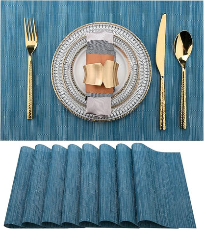 SLKQG Vinyl Placemats Set of 8 - Washable Easy Clean Place Mats - Heat Resistant PVC Table Placemats - Table Mats for Dining Table 17x12 Inch (Sky Blue Turquoise, 8)