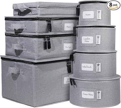 China Storage Hard Shell Containers 8-Piece Set Moving Boxes for Dinnerware, Glasses, Plates, Mugs and Saucers Sturdy Dish Organizer with Dividers for Seasonal Storage - Service for 12 - Gray