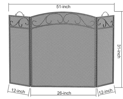Fire Beauty Fireplace Screen 3 Panel with Handles Wrought Iron 51"(L) x31(H) Spark Guard Cover(Pewter)