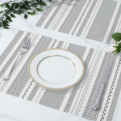 fanquare Sliver Striped Placemats 6 Pack Nordic Style Washable Place Mats Vinyl Woven Heat-Resistant Kitchen Table Mats Indoor & Outdoor Use Table Mat