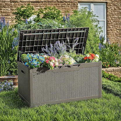 Devoko 97 Gallon Deck Box, Waterproof Resin Outdoor Storage Box for Outside and Patio, Large Outdoor Storage Bench Cabinet Lockable for Patio Furniture, Garden Tools and Pool Supplies (Brown)