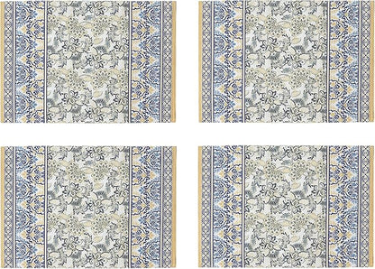 Home Bargains Plus Rectangle Fabric Table Runner, 70 Inch Long, Allure Yellow and Blue Floral Bordered Print, Indoor Outdoor Stain and Water Resistant Table Runner, Provence French Country