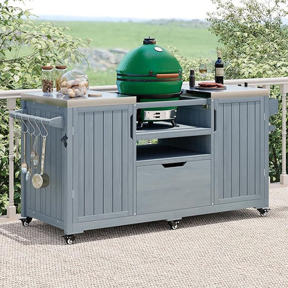 66.5" Outdoor Kitchen Island with Stainless Steel Top for Big Green Egg, Rolling Grill Cart with Adjustable Shelves, Lockable Wheels, Outdoor Table and Bar Storage Cabinet for Patio
