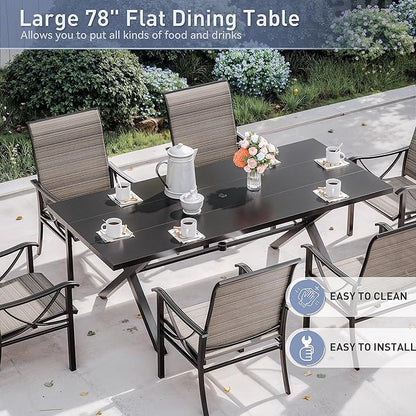 Kurapika 7-Piece Patio Dining Set, Patio Furniture Set for 6, Outdoor Large Metal Table with Umbrella Hole and Textilene Chairs, for Garden, Deck, Porch, Pool All Weather, Brown