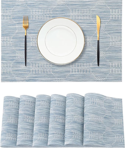 Leetaltree Alice Blue Placemats Set of 6 - Heat Resistant Non-Slip Place mats for Dining Table, Washable Durable PVC Vinyl Woven Table Mats（Jacquard Blue, 6）