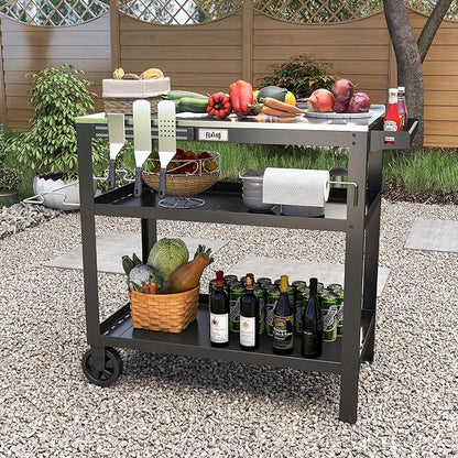 31.5"x18" Outdoor Grill Cart with Stainless Steel Tabletop, Movable Grill Table with Seasoning Rack & Magnetic Tools Holder, Backyard BBQ Kitchen Food Prep Table for Portable Grill & Pizza Oven