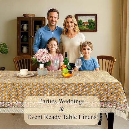 CPC Tablecloth 100% Cotton 72x190 Inch Indian Block Print Rectangle Table Cover, Yellow Table Cloth for Weddings, Spring/Summer, Barbeque - Yellow Citrine