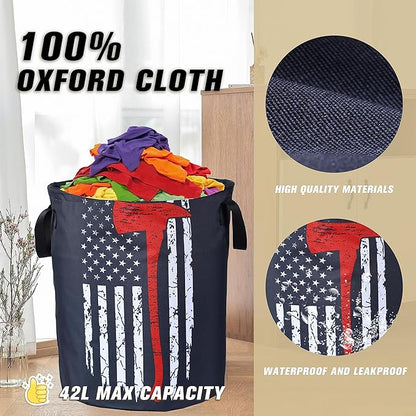 American Flag Red Line Ax Laundry Basket Firemen Foldable Oxford Cloth Funny Tote Bag Laundry Hamper Clothes Storage Bucket Organizer For Bathroom/Laundry Storage /Bedroom17.7x13.7Inch