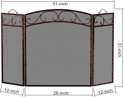 Fire Beauty Fireplace Screen 3 Panel with Handles Wrought Iron 51"(L) x31(H) Spark Guard Cover(Brushed Copper)