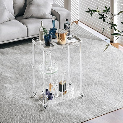 Dethan Acrylic Bar Cart with Lockable Wheels, 3 Tier Clear Serving Cart with Glass Holder, Rolling Beverage Cart for Home, Kitchen, Dining Room, Portable Mobile Bar Trolley for Small Spaces