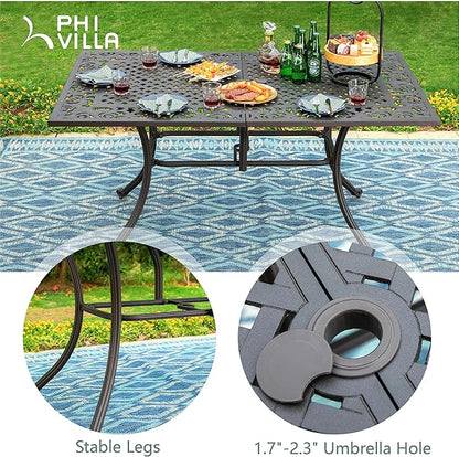 PHI VILLA Cast Aluminum Rectangular Patio Dining Tables for 6 Person, 64" x 37" Engraved Cast-Top Aluminum Table with 2.3" Umbrella Hole, Lawn Garden Tables for All Weather