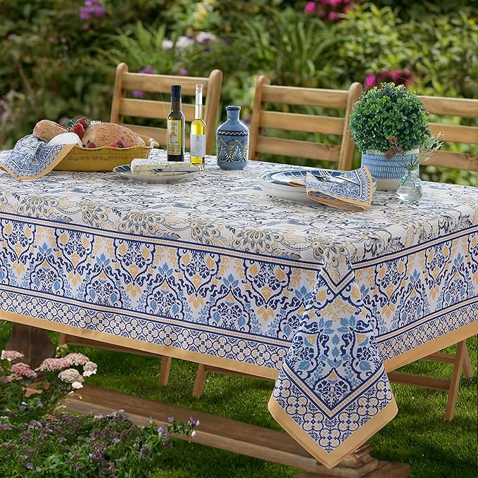 Home Bargains Plus Square Fabric Tablecloth, 52 x 52 Inch, Allure Yellow and Blue Floral Bordered Print, Indoor Outdoor Stain and Water Resistant Table Cloth, Provence French Country