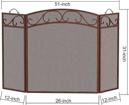 Fire Beauty Fireplace Screen 3 Panel with Handles Wrought Iron 51"(L) x31(H) Spark Guard Cover(Antique Bronze)