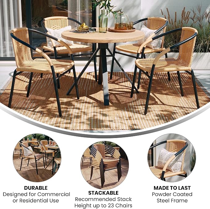 Flash Furniture Lila 4 Pack Beige Rattan Indoor-Outdoor Restaurant Stack Chair - Image 4