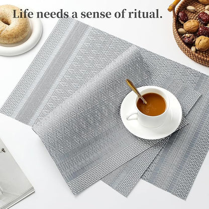 Leetaltree Lunar Grey Placemats Set of 8 - Heat Resistant Non-Slip Place mats for Dining Table, Washable Durable PVC Vinyl Woven Table Mats（Lunar Grey, 8）