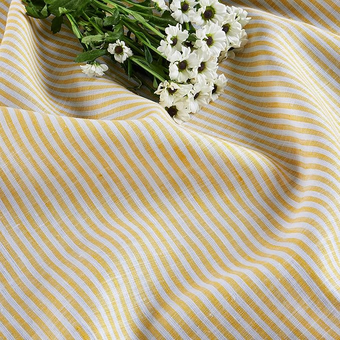 Solino Home Linen Table Runner 72 Inches Long - Narrow Stripe, 100% Pure Linen Spicy Mustard and White Table Runner 14 x 72 Inch for Dining, Dresser, Spring, Easter