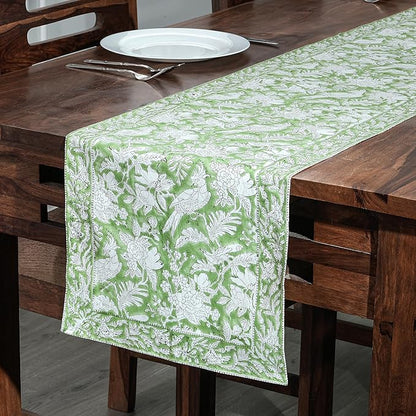 CPC Cotton Table Runner 16x90 Inch Block Printed Long Fall Table Runner for Dining Table, Card Table, Coffee Table, Wedding, Farmhouse & Outdoor Barbeque-Olive Green