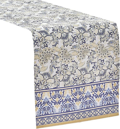 Home Bargains Plus Rectangle Fabric Table Runner, 70 Inch Long, Allure Yellow and Blue Floral Bordered Print, Indoor Outdoor Stain and Water Resistant Table Runner, Provence French Country